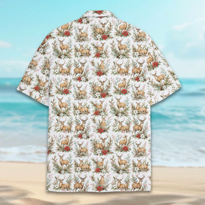 Close-up front view of the white Christmas hawaiian shirt with red berries