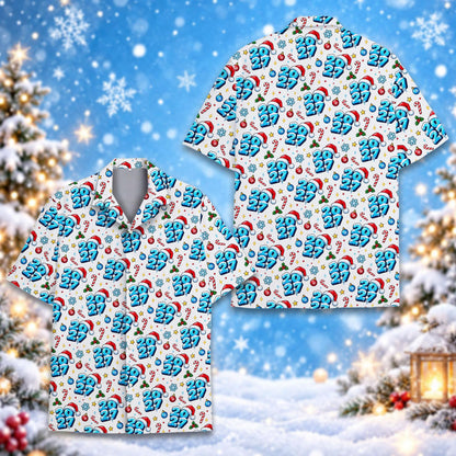 Another front view of the festive 2027 matching family hawaiian shirt