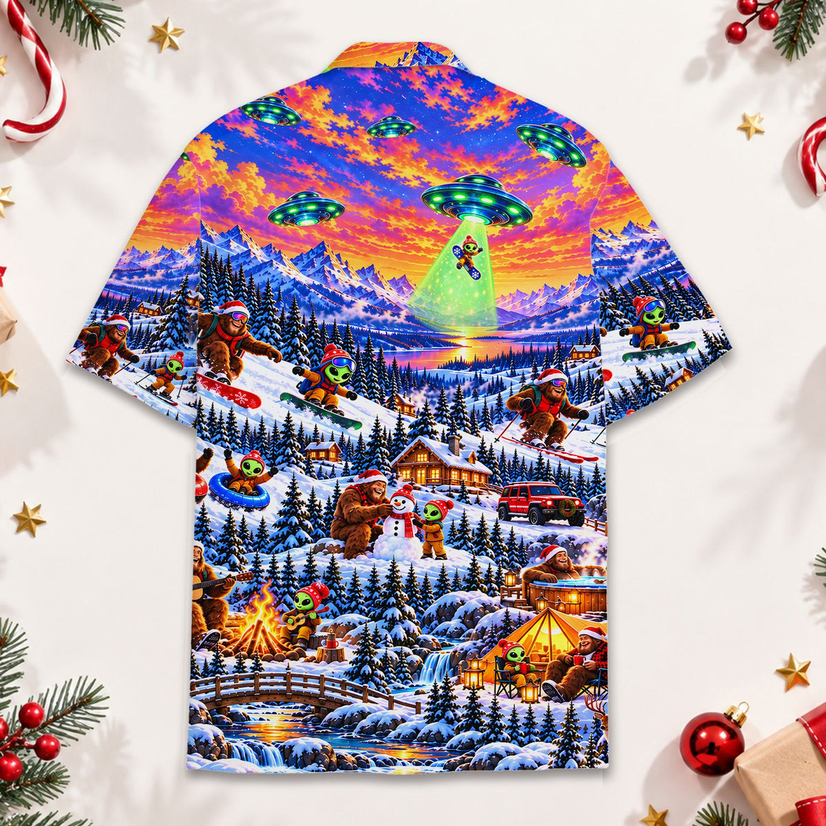 Snowy alien christmas hawaiian shirt front view showing colorful landscape print