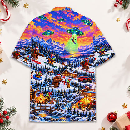 Snowy alien christmas hawaiian shirt front view showing colorful landscape print
