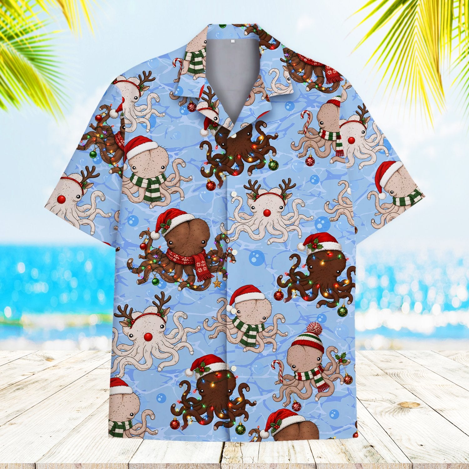 Another front view of the festive octopus matching family hawaiian shirt