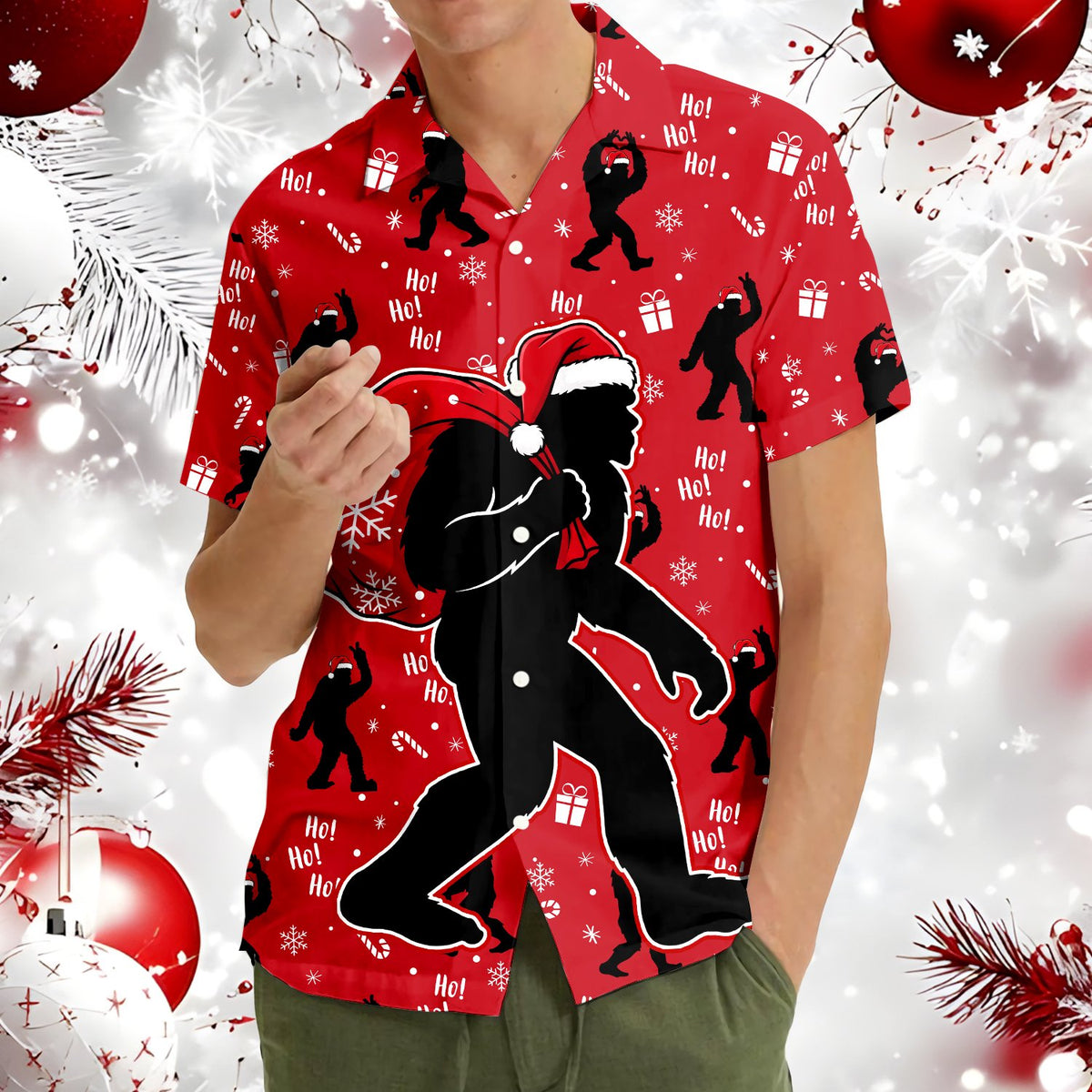Another front view of the red Christmas Hawaiian shirt with Santa hat Bigfoot