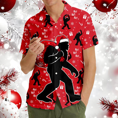 Another front view of the red Christmas Hawaiian shirt with Santa hat Bigfoot