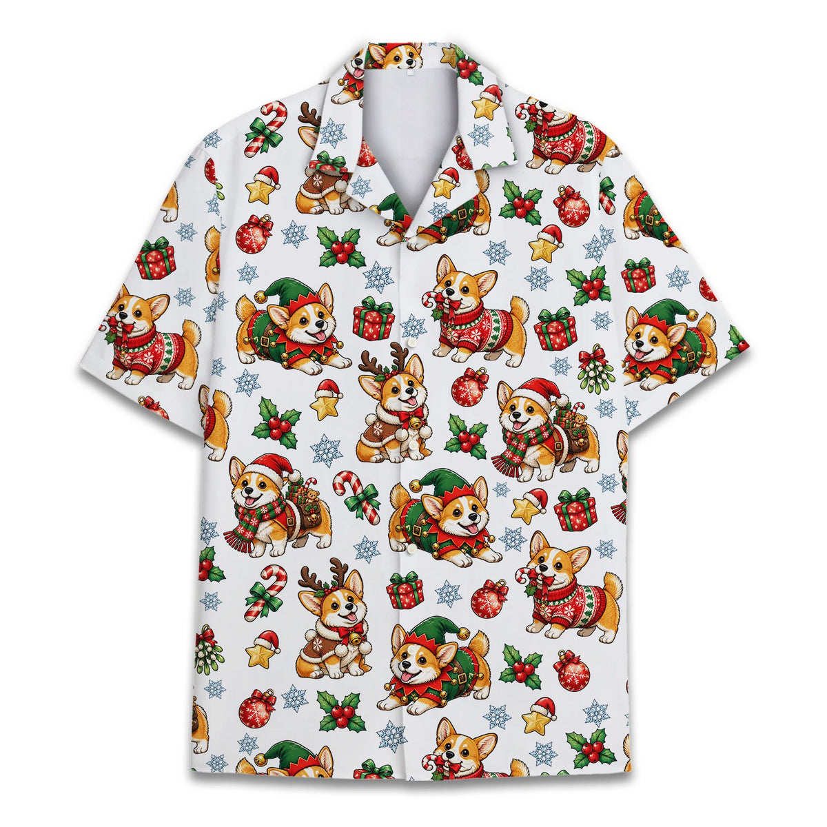 Close up front view of the festive corgi hawaiian christmas shirt