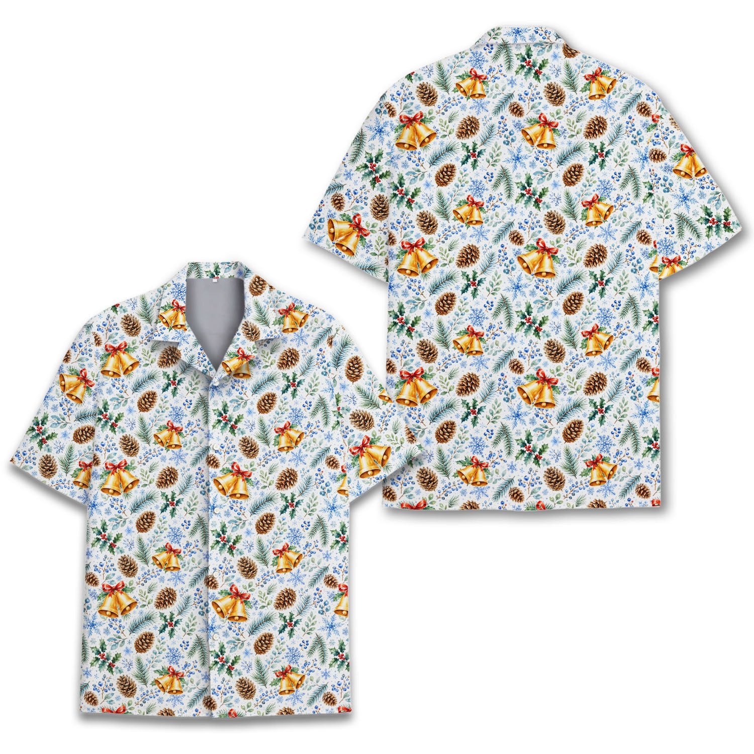 Another front view of the festive holiday Hawaiian shirt.