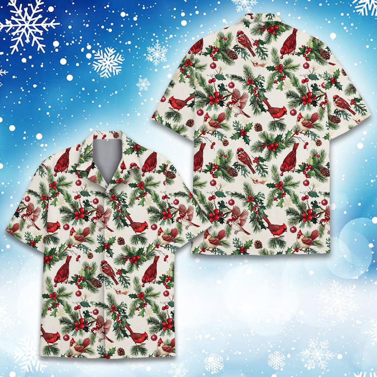 Alternate front view of the vintage cardinal holiday hawaiian shirt