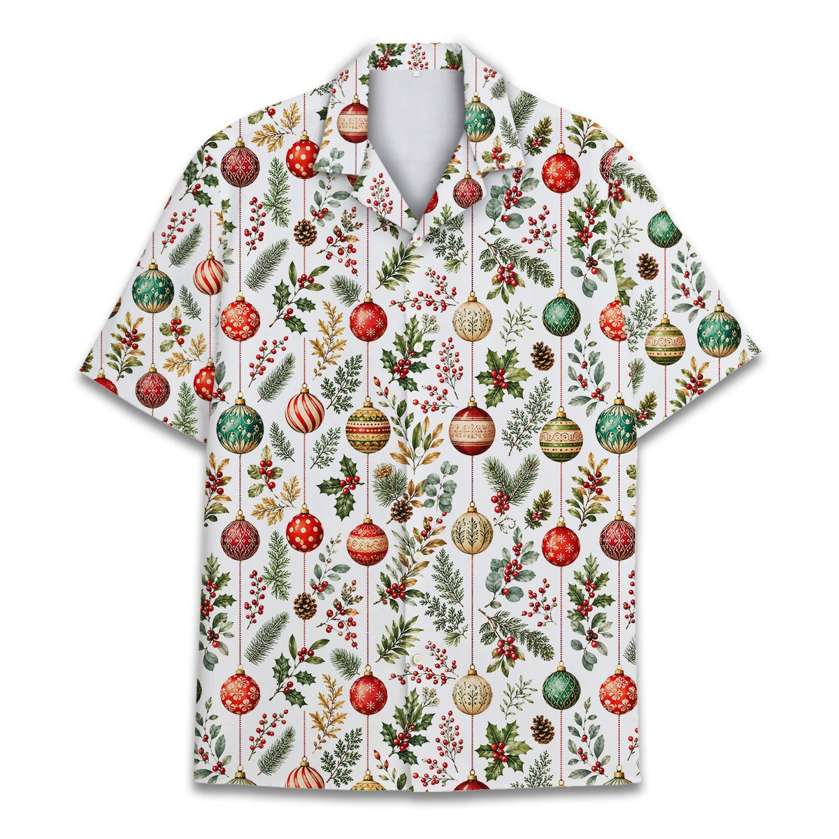 Another front view of the white holiday pattern shirt