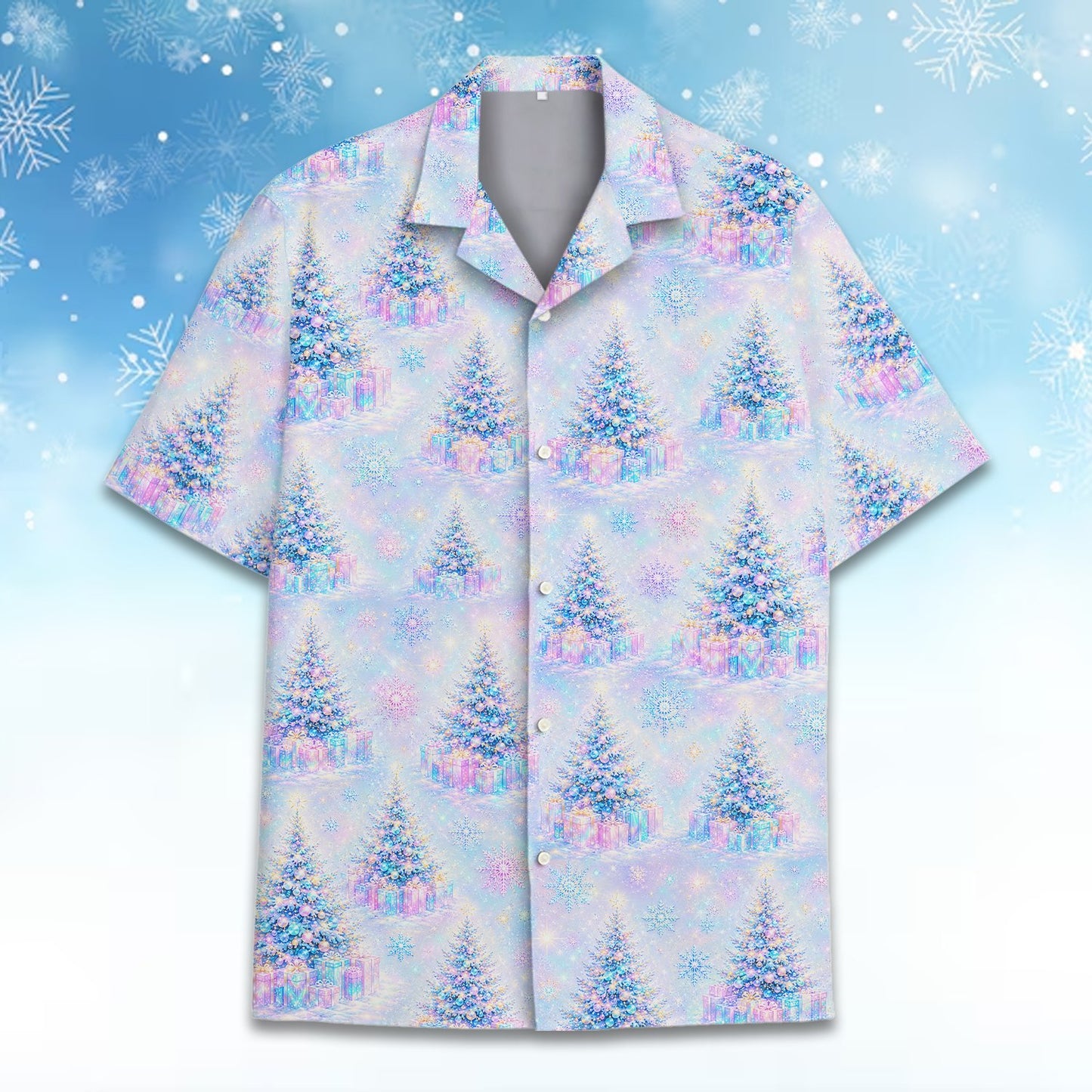 Close up front view of the pastel holiday hawaiian shirt