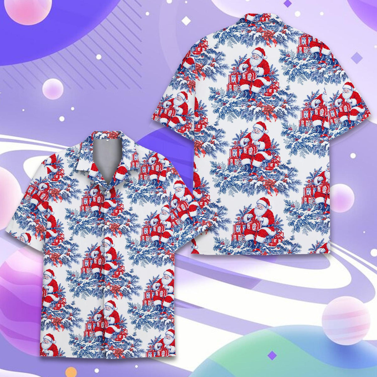Close up front view of the matching family hawaiian shirt collar and buttons