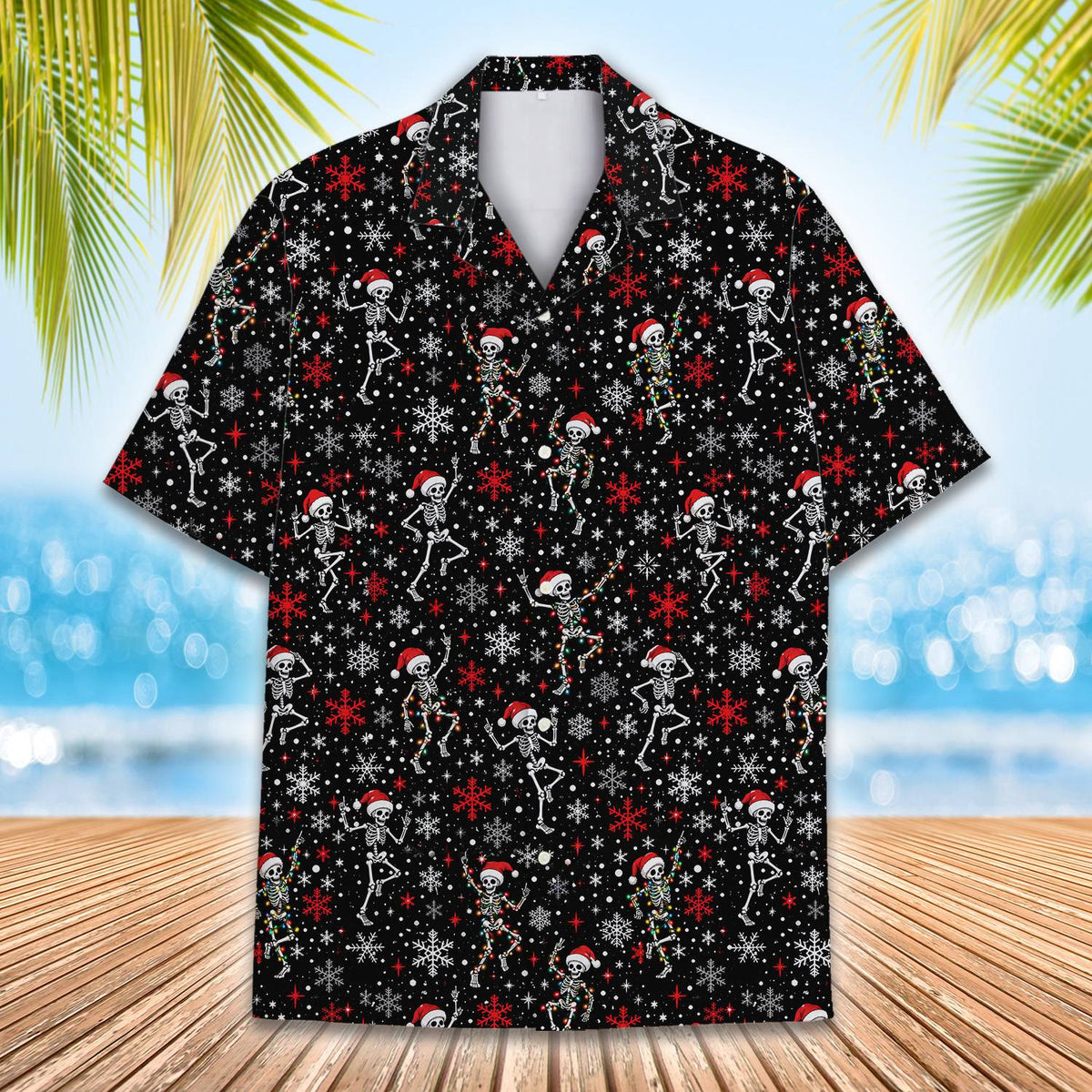 Close up front view of the dancing skeletons on the hawaiian shirt