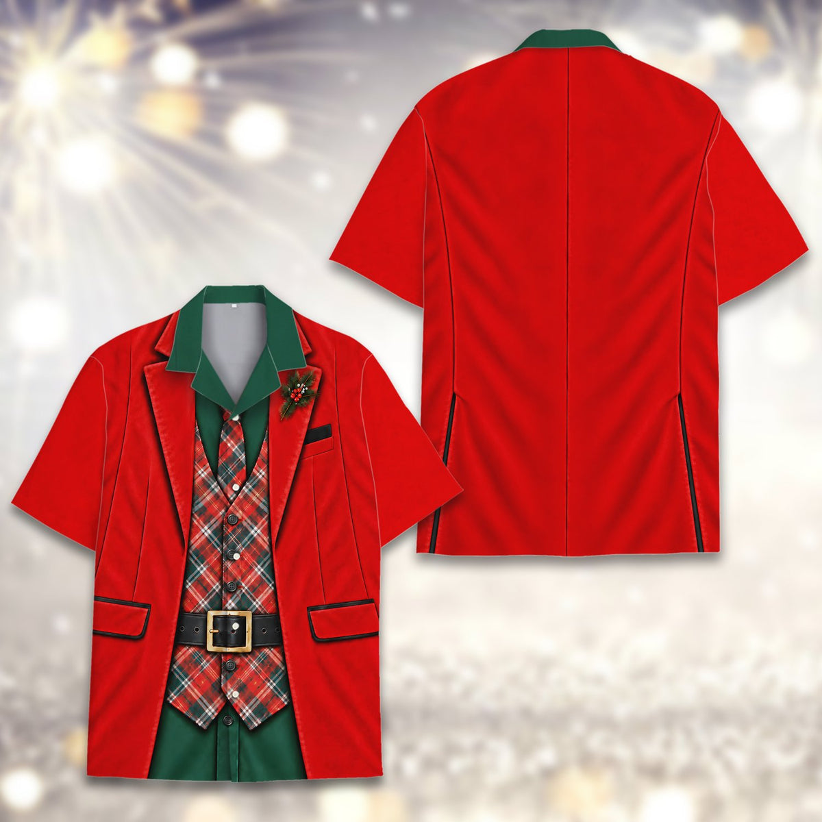 Alternate front view of the red christmas hawaiian shirt