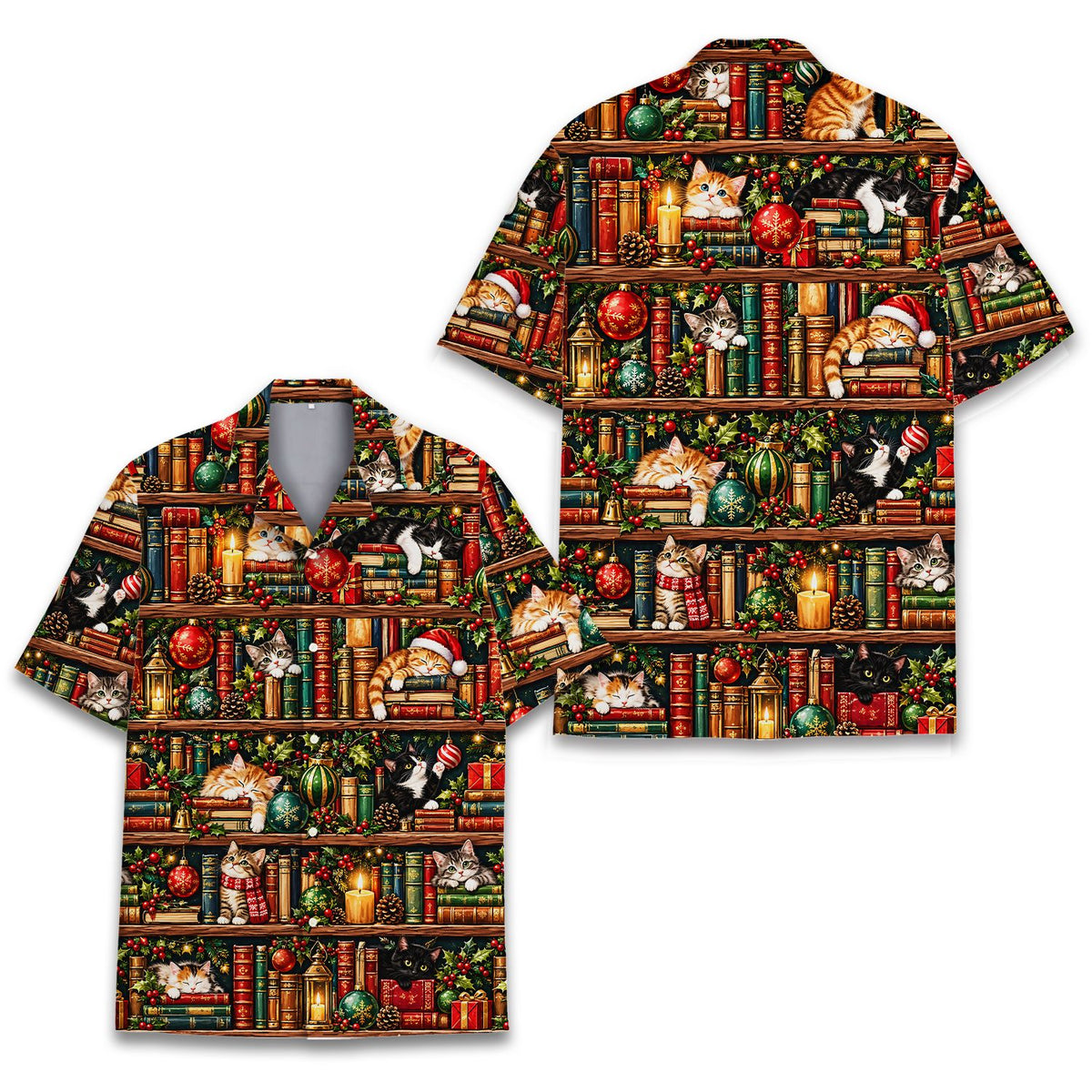 Detailed front view of the festive cats and books hawaiian shirt