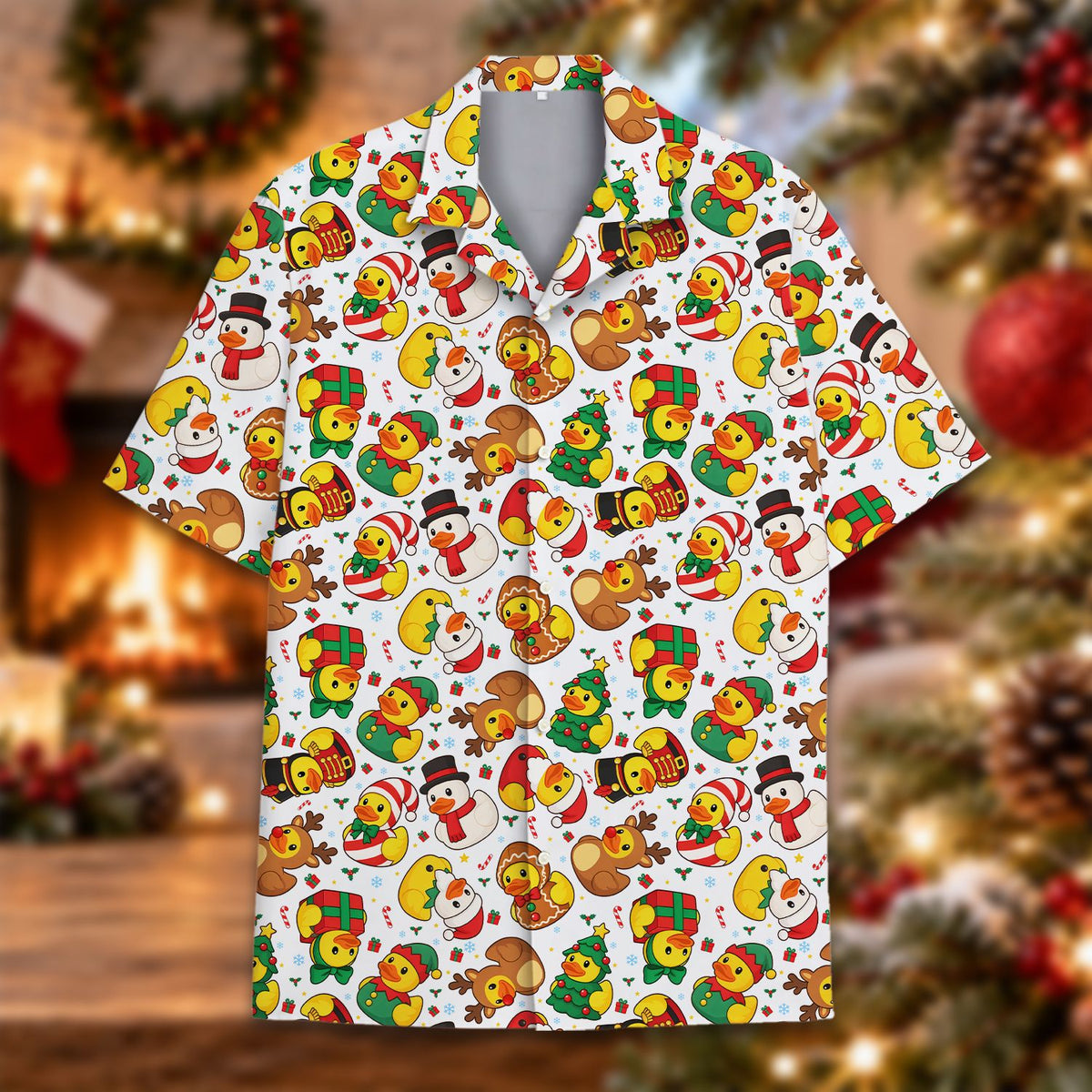 Front view of the holiday duck matching family hawaiian shirt