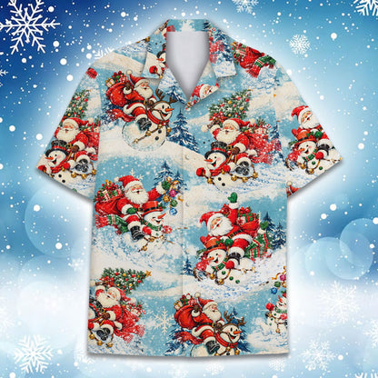 Close-up front view of the Santa riding a snowman hawaiian shirt
