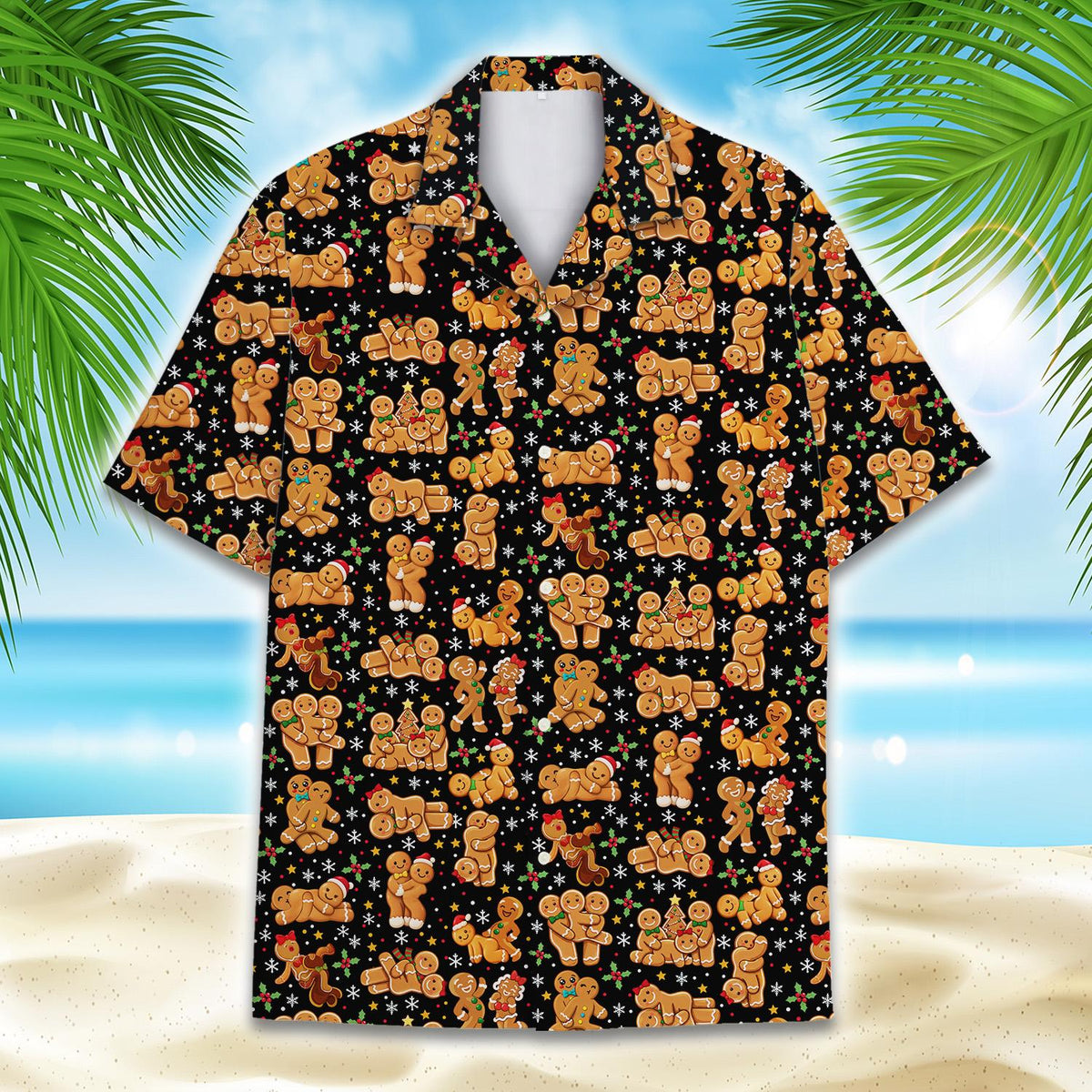 Detail of funny gingerbread men pattern on black hawaiian shirt, front view