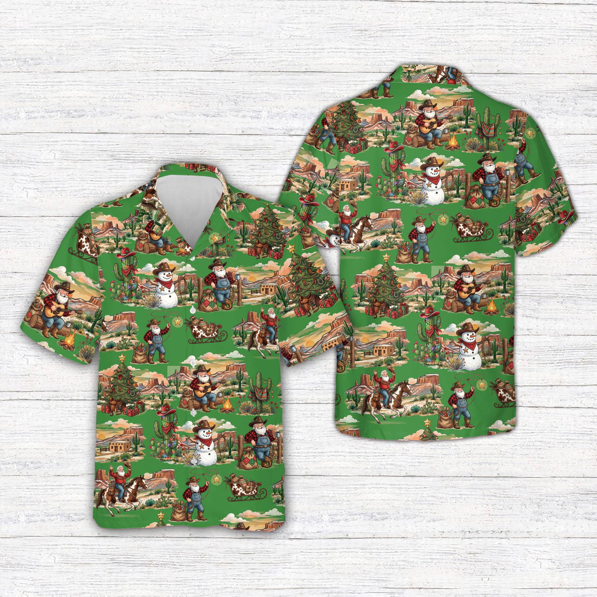 Front view of the multicolor christmas hawaiian shirt showing Santa lassoing and playing guitar