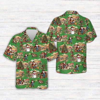 Front view of the multicolor christmas hawaiian shirt showing Santa lassoing and playing guitar