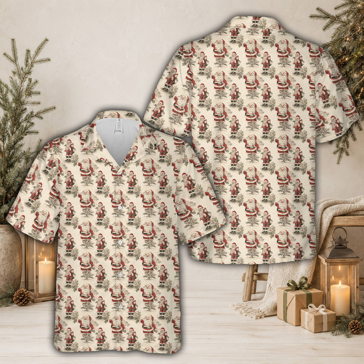 Front view of beige christmas hawaiian shirt featuring retro holiday patterns
