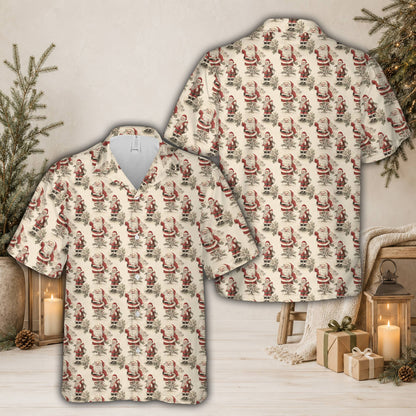 Front view of beige christmas hawaiian shirt featuring retro holiday patterns