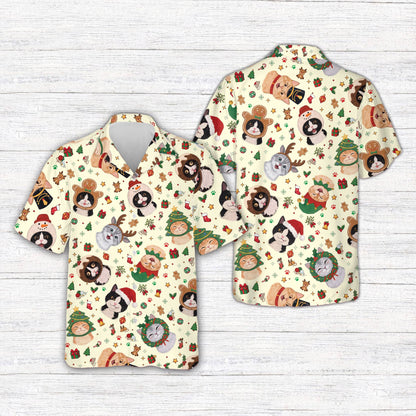 Front view of the holiday dog and cat print hawaiian shirt