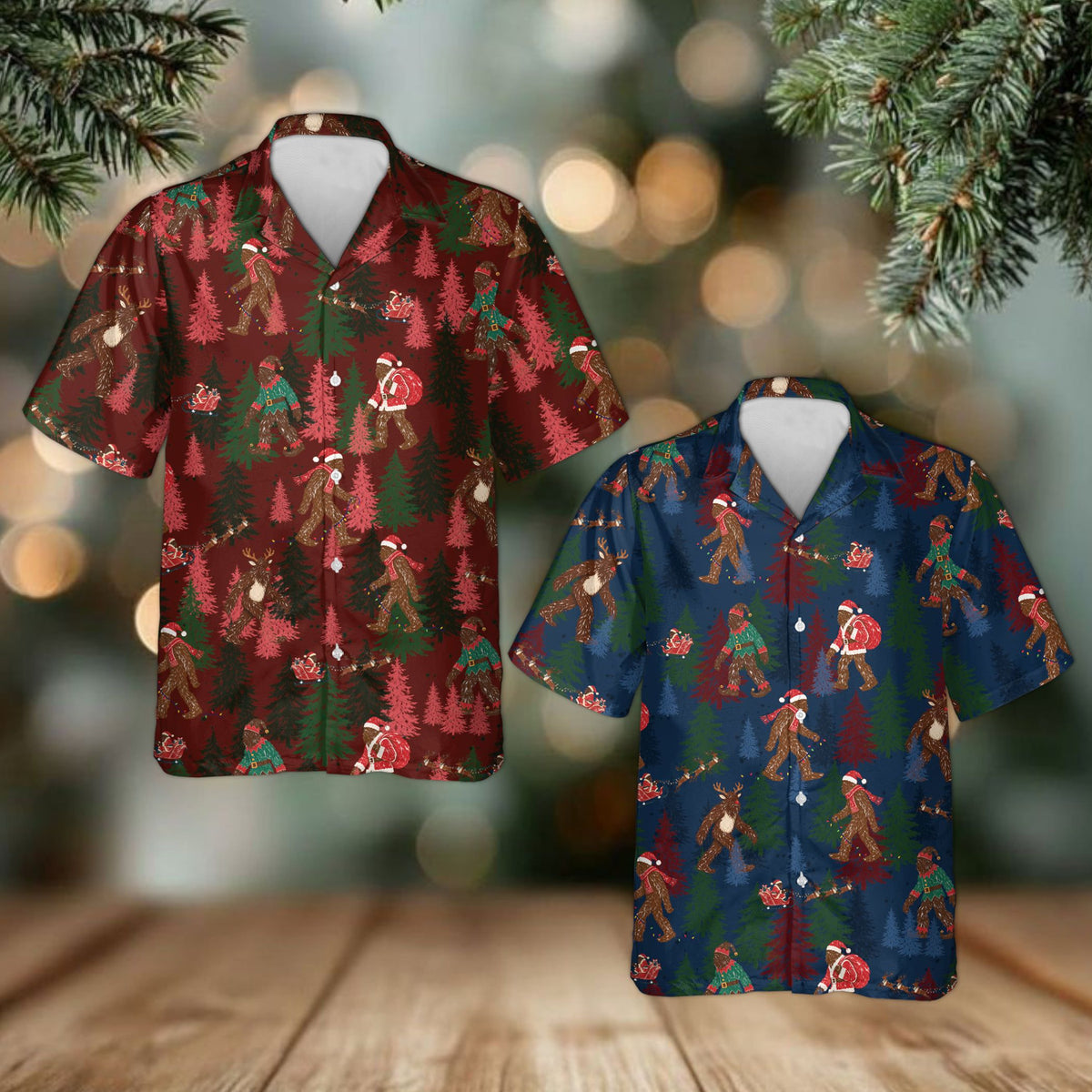 Front view of the christmas hawaiian shirt with festive bigfoot figures