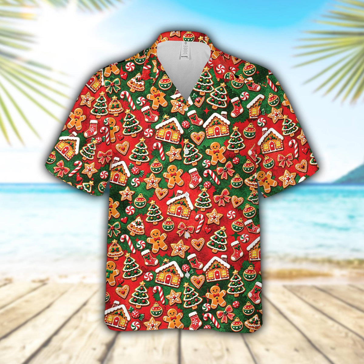 Group of matching family hawaiian shirts featuring a red and green Christmas gingerbread pattern