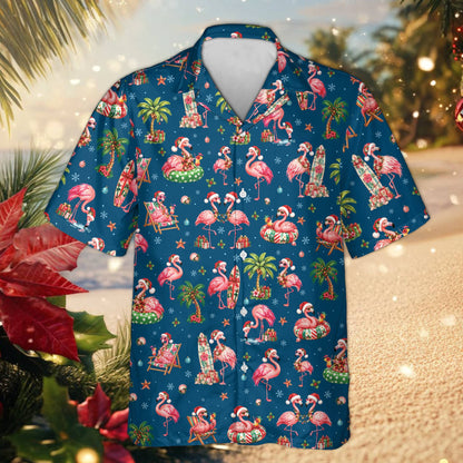 Christmas hawaiian shirt featuring tropical flamingos in Santa hats