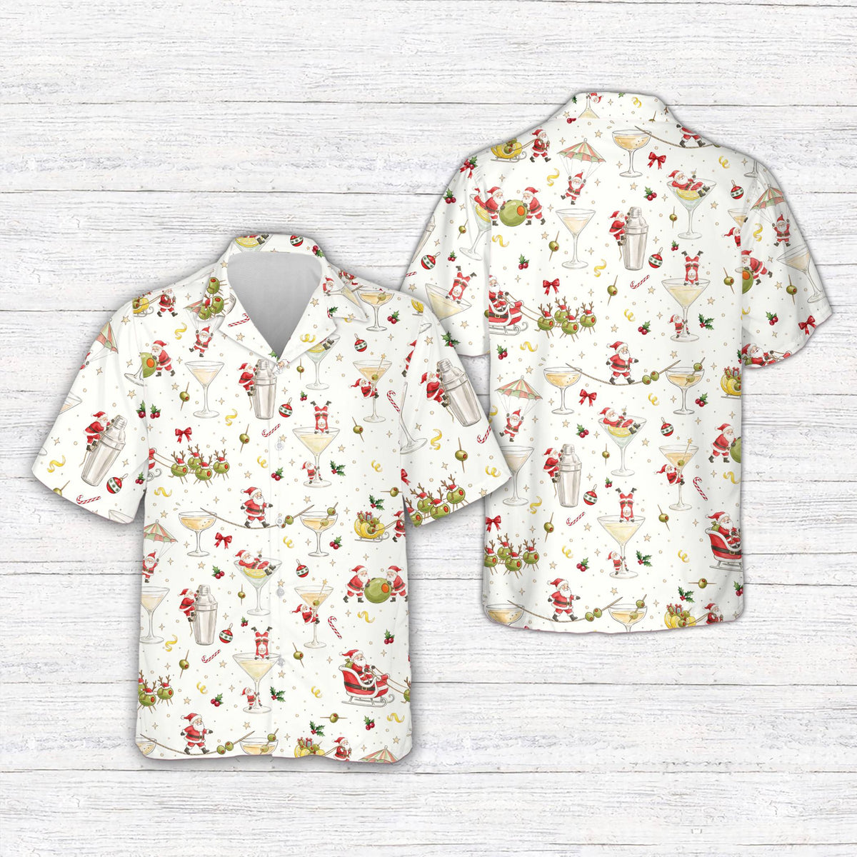 White and multicolor christmas hawaiian shirt, front view