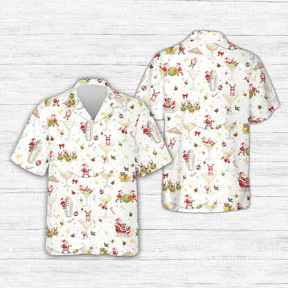 White and multicolor christmas hawaiian shirt, front view