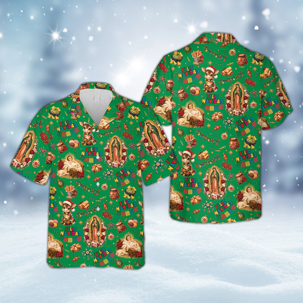 Detailed multicolor front view showing Feliz Navidad banners on the shirt
