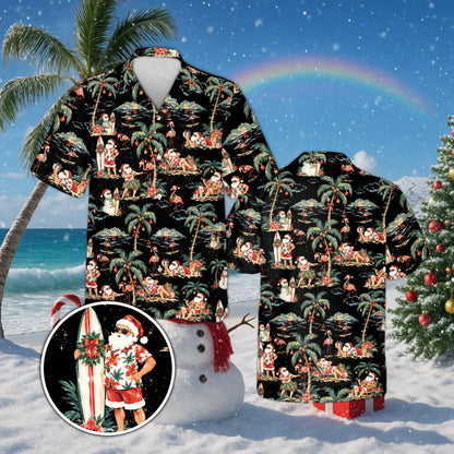 Multicolor tropical Santa matching family hawaiian shirt, front view