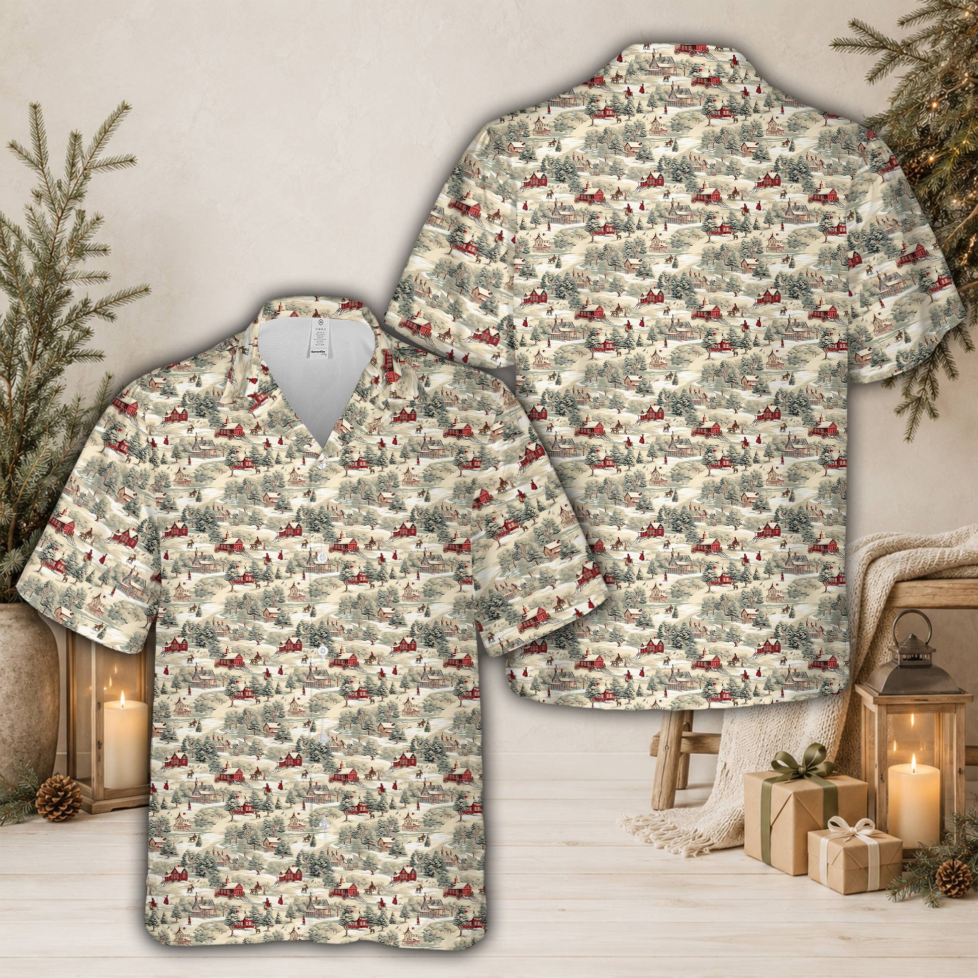 Front view of family hawaiian shirt with vintage pine trees and Santa design