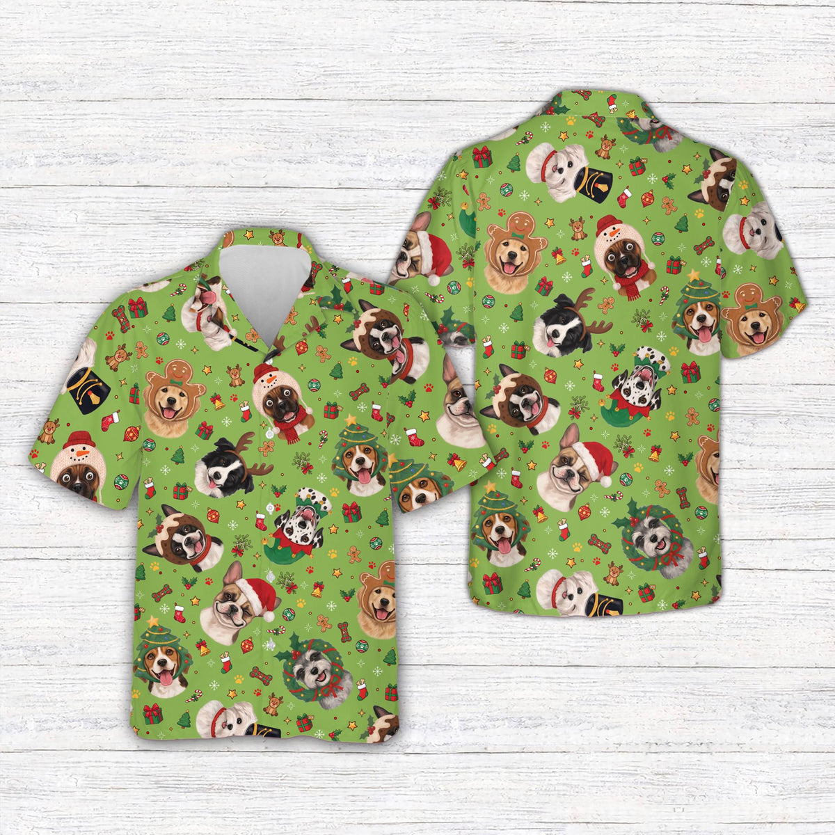 Close up front view of the festive pet hawaiian shirt