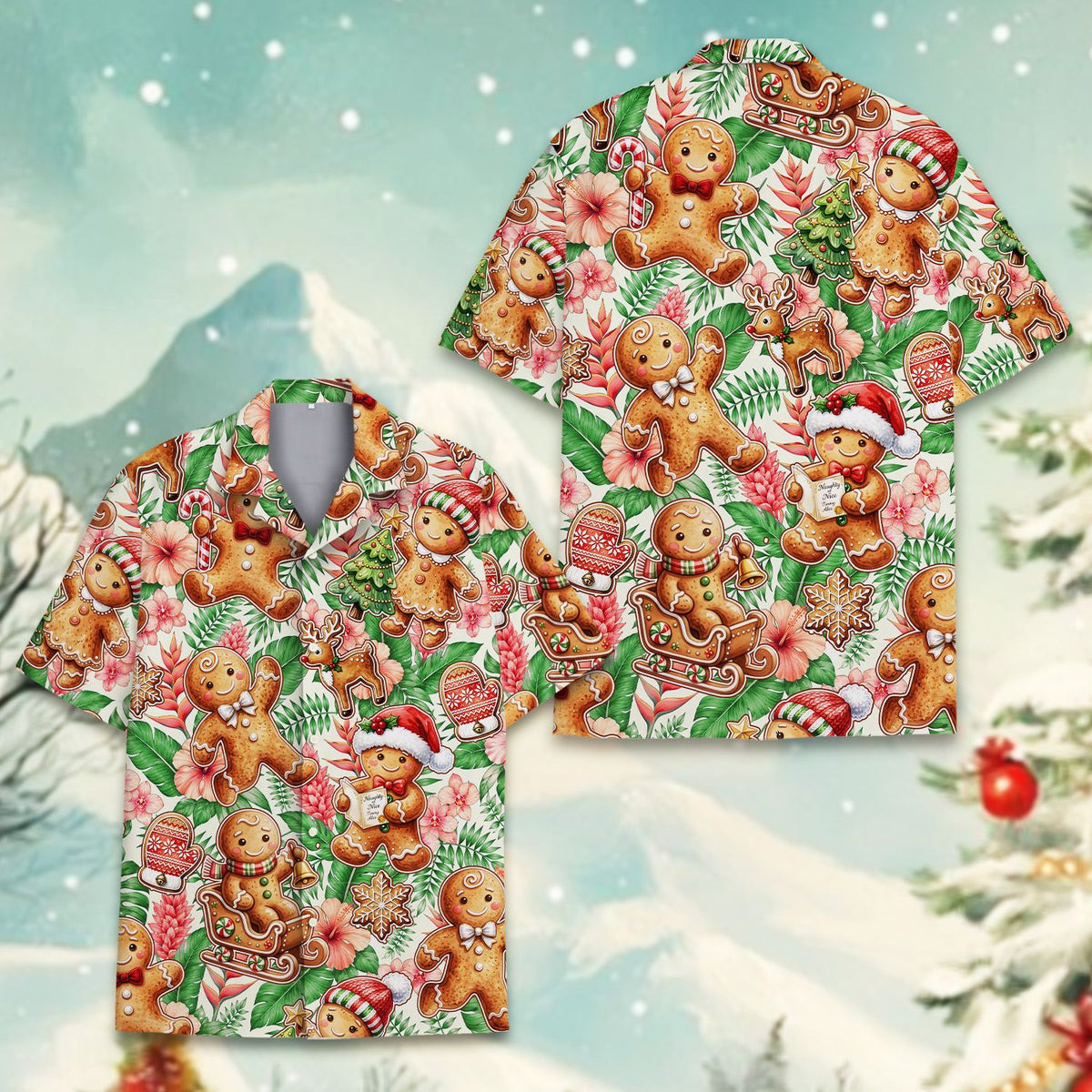 Detailed front view of the holiday tropical shirt design