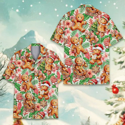 Detailed front view of the holiday tropical shirt design