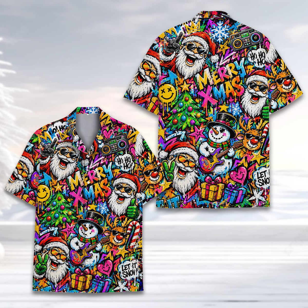 Front view of the neon graffiti christmas hawaiian shirt for family
