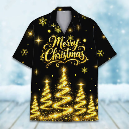 Third front view of the festive hawaiian shirt showcasing the glowing trees pattern