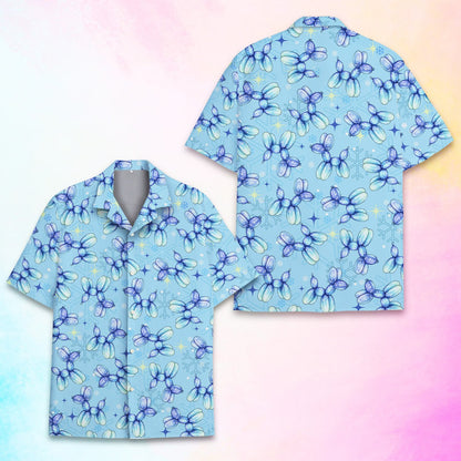 Light blue christmas hawaiian shirt with balloon dog and snowflake pattern, alternate front view