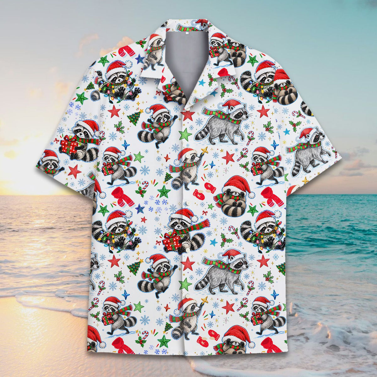 Close up of the festive matching hawaiian shirt, front view.
