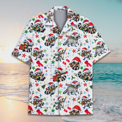 Close up of the festive matching hawaiian shirt, front view.