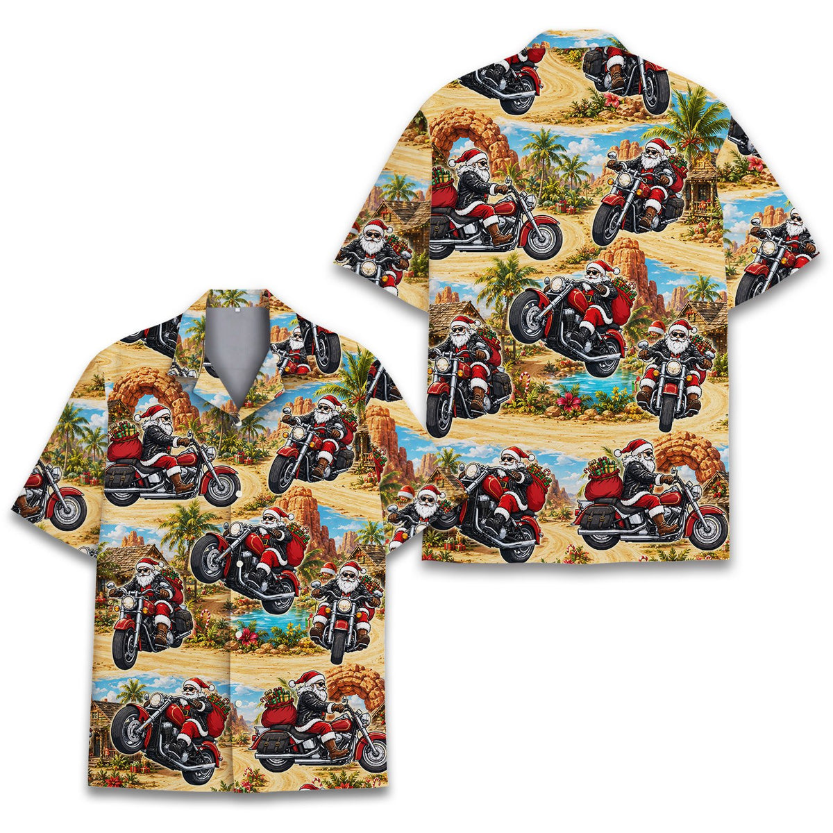 Close-up front view of the motorcycle Santa christmas hawaiian shirt