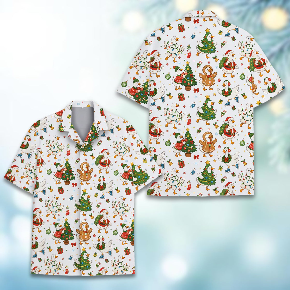 Detailed front view of the matching family christmas hawaiian shirt featuring festive ducks
