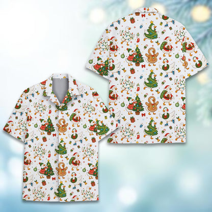 Detailed front view of the matching family christmas hawaiian shirt featuring festive ducks