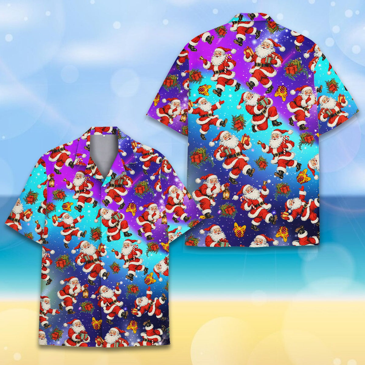Detail front view of retro Santa Claus print on hawaiian shirt