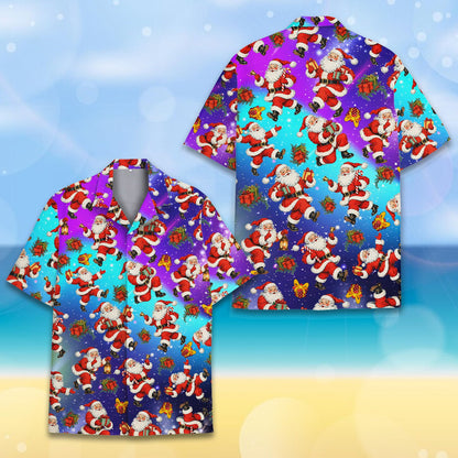 Detail front view of retro Santa Claus print on hawaiian shirt