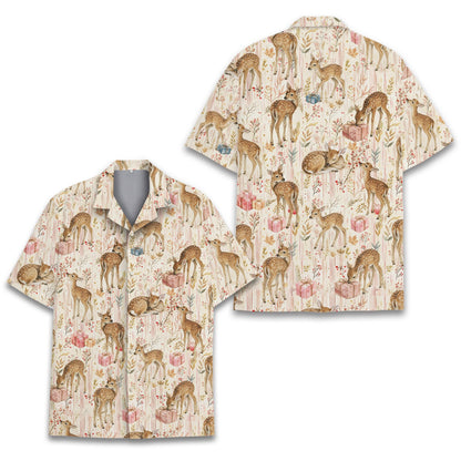 Detail front view of the fawn and gifts hawaiian shirt