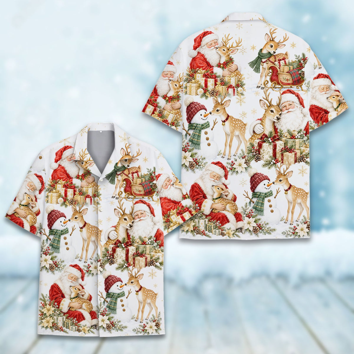 Another front view of multicolor christmas print hawaiian shirt