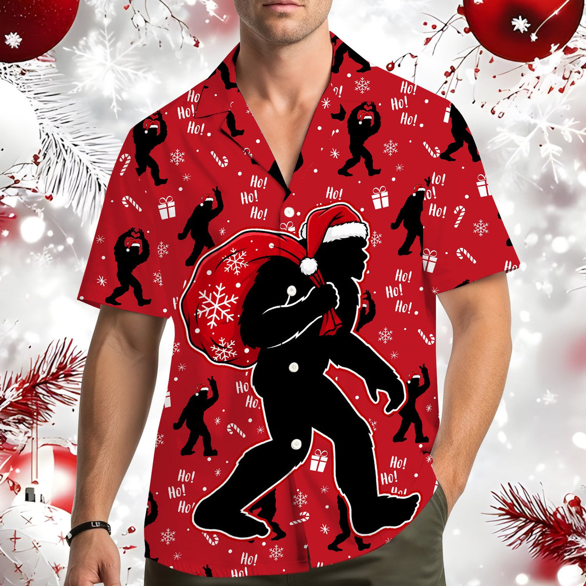 Detailed front view showing the Ho Ho Ho text and Bigfoot silhouettes