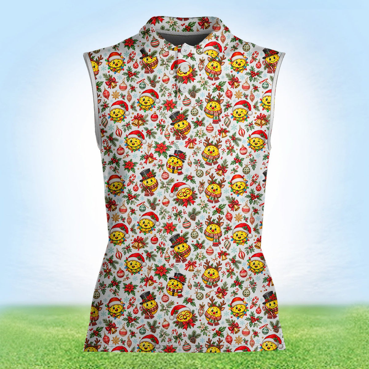 Detailed front view of the white holiday pattern hawaiian shirt