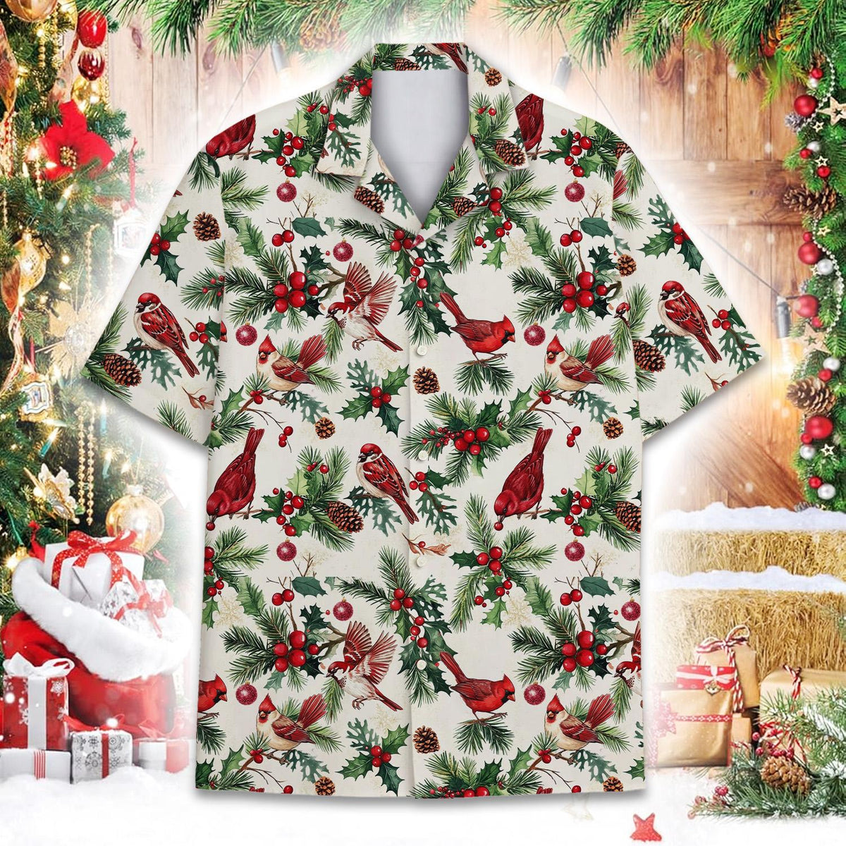 Close-up front view of the festive red and green christmas hawaiian shirt